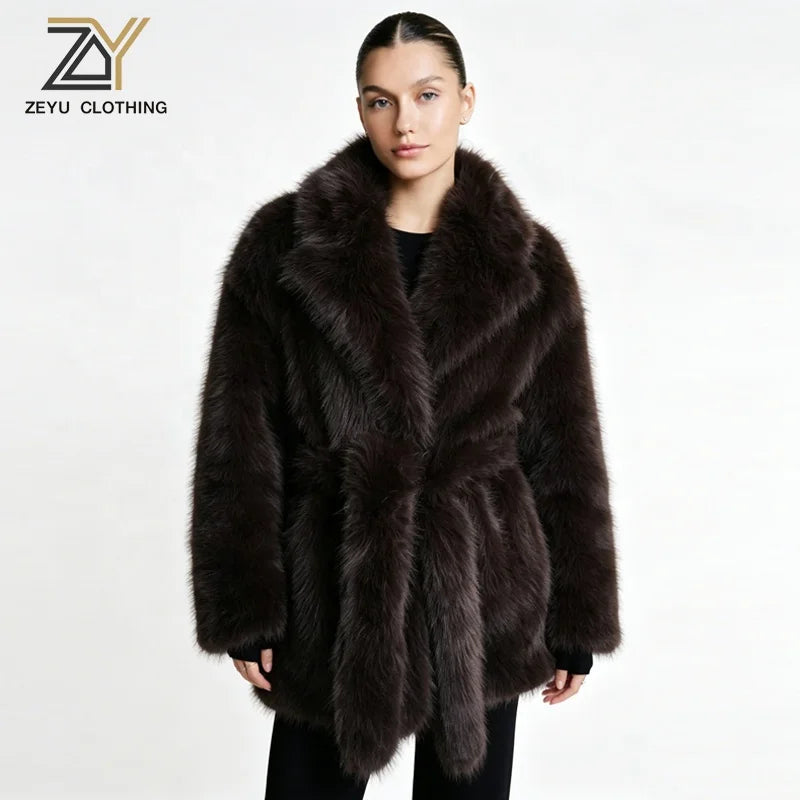 Apricot/Black/Dark Brown Color S-4XL Plus Size Women's Winter Warm  Artificial Fox Fur Coat Oversized Wide Notched Lapel Matching Belted Waist Mid Length Thick Warm Winter Outerwear Jackets Ladies Winter Clothing Supplies