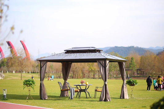 HOT SALE Villa Resort Pergola Big Size Metal Roof Patio Gazebo Canopy Luxury Tent With Resistant Netting Outdoor Garden Backyard Park Pavilion Luxury Furniture Supplies ( For Fast Delivery Please Contact Us)