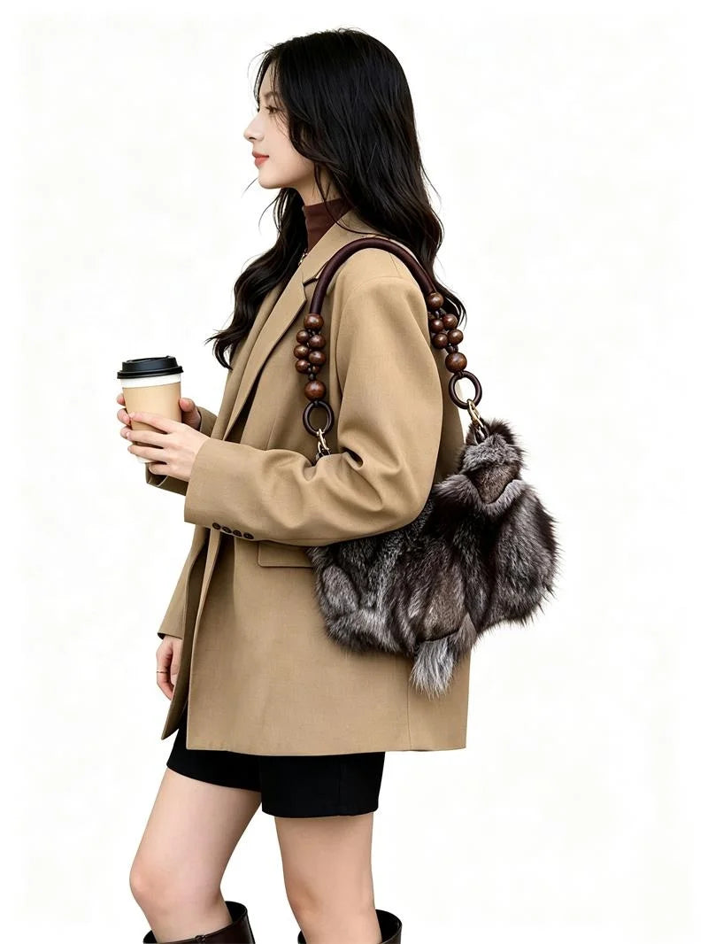 NEW Fashion Artificial Fox Fur Patchwork Underarm Bag Wooden Beaded Strap Women Fluffy Shoulder Purse Eco Faux Fur Handbag Women Apparel Accessories