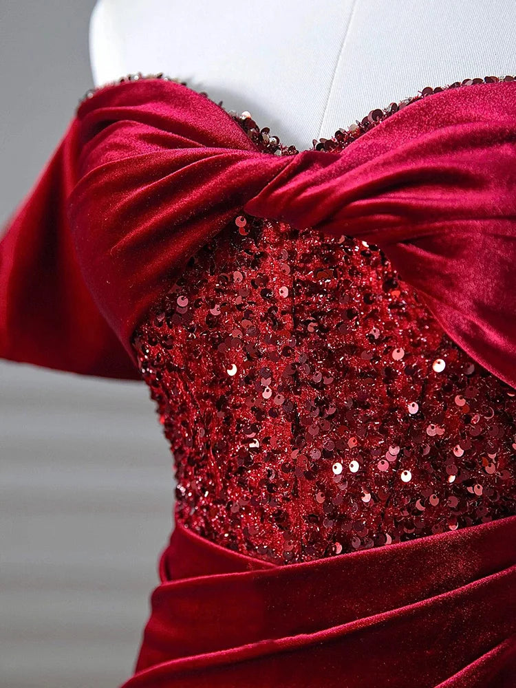 Boutique Gala HOT SALE Satin Maxi Gown Celebrities Red Carpet High Quality Christmas Red Floor Length Pearl Sequin Mermaid Evening Party Dress Off Shoulder Satin Formal Gown Gala Dresses