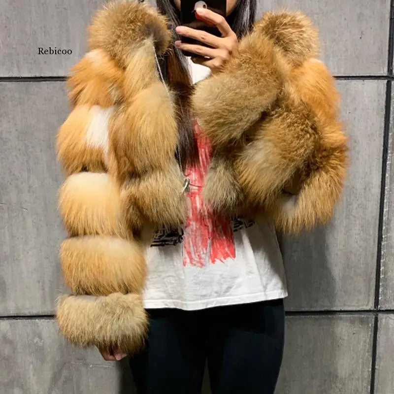 NEW Arrivals S-3XL Coffee/Dark Gray/Black Fashion Women Environmental Red Faux Fox Fur Coat with Hood Thick Warm Full Pelt Fake Fur Jacket Short Winter Woman Fur Coat Ladies Girls Luxury Fashion Clothing Supplies