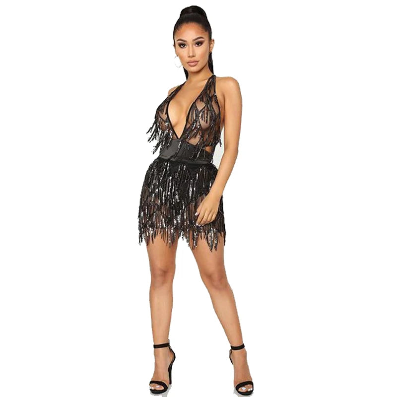 Just Arrived 5 Colors S-XL Tassel Sequin Dress Sexy Women V Neck Backless Evening Party Dress Night Clubwear Prom Latin Dancing Clothes Sequin Fringe Outfit