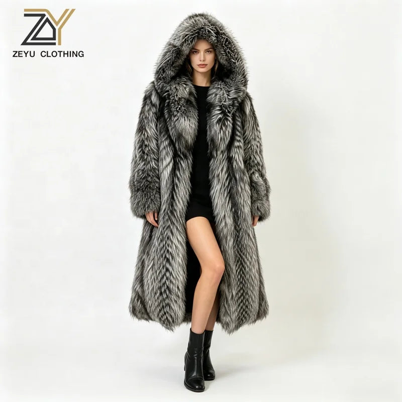 S-6XL Plus Size  Women Winter Silver Gray Hooded Faux Fur Top Quality Coats Full Length Oversized Thick Warm Fluffy Long Overcoat Snow Boots Outerwear Fur Jackets Ladies Luxury Jacket