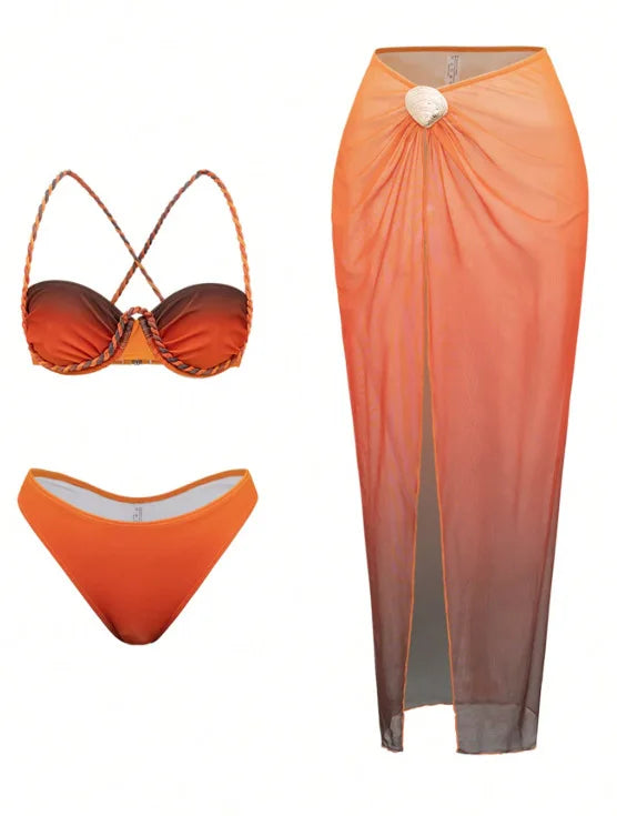 NEW Arrivals 3 PCS Set Light Blue/Dark Blue/ Dark Orange  Color Print Trendy Women Sexy Swimwear Braided Underwire Bikini and See Through Cover Ups Skirt Set Brazilian Beachwear Ladies Luxury Swimsuit Set