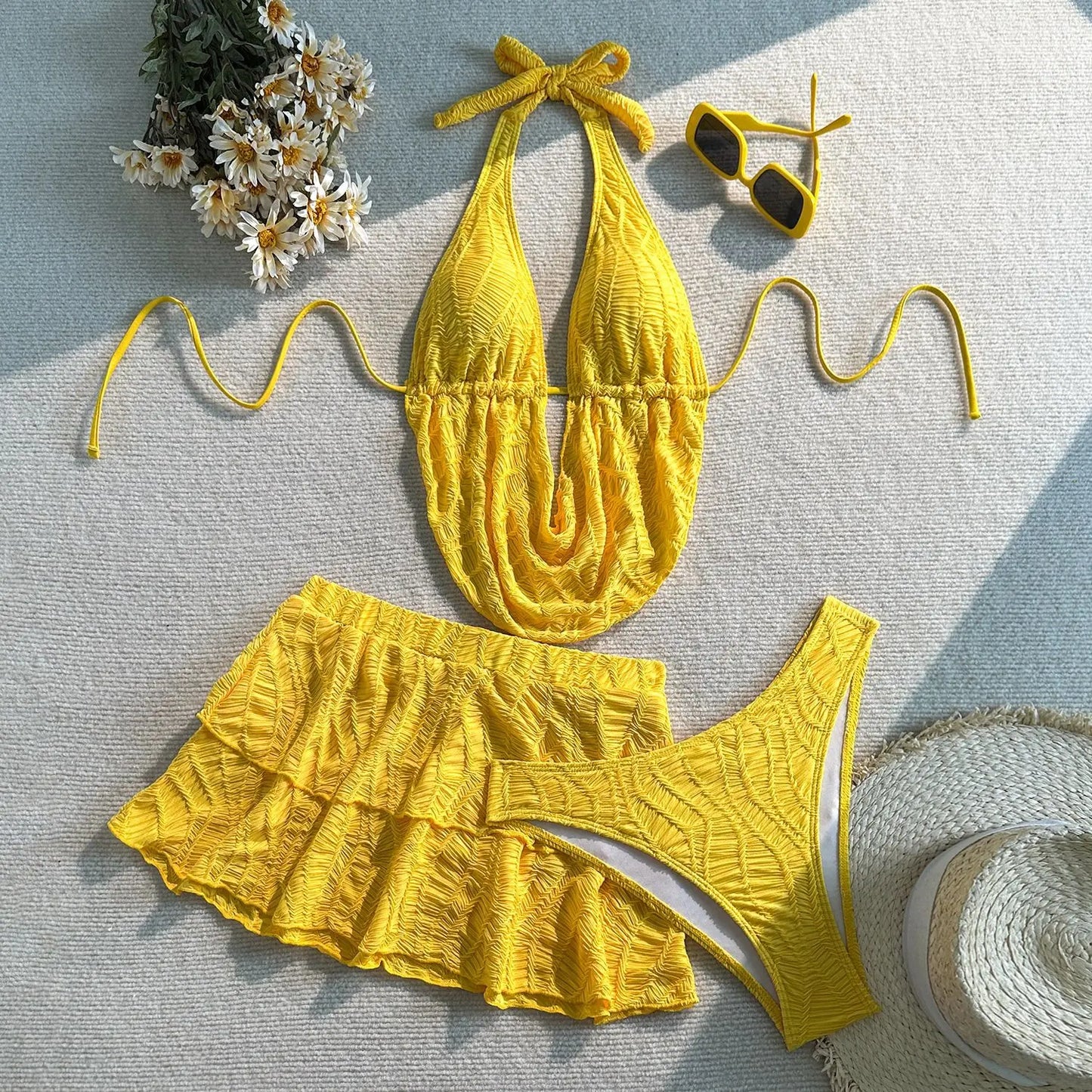 NEW Arrivals 3 PCS Set 5 Colors V-NECK Knitted Women Sexy Swimwear Shirt Top Brazilian Bikini and Skirt Set Beach Cover Ups Sexy Swimsuit Beachwear Ladies Summer Bathing Apparel Supplies