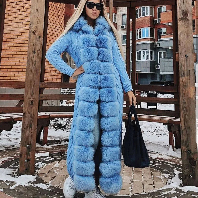 NEW Arrivals Italian Style Women Girls Luxurious Real Fox Fur Cardigan Long Knitted Hooded Sweater, Warm Cardigan, Autumn and Winter Streetwear Supplies Female Ladies Winter Luxury Fashion Clothing Products