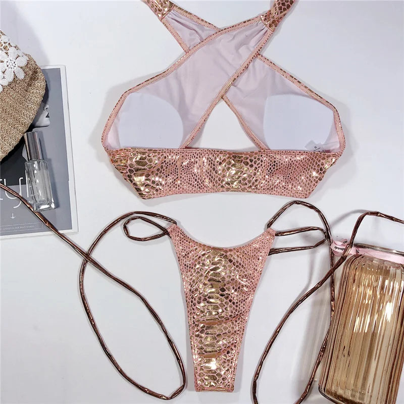 Women Fax Leather Gold Bikini Set Sequined Padded Bra Crease Bandeau Swimsuit Glitter Beach Swimwear Sliver Halter Bathing Suit