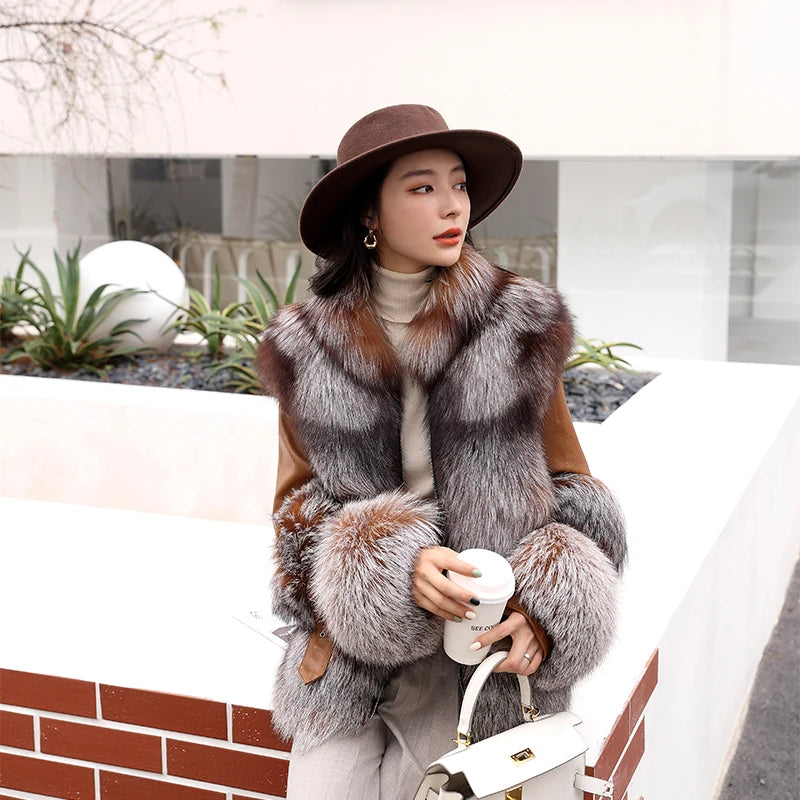 NEW Design  Fashionable Women's Winter Natural Fox Fur Outfit Real Fox Fur Jacket with Authentic Sheep Leather Girls Luxury Apparel Accessories Winter Clothing Supplies