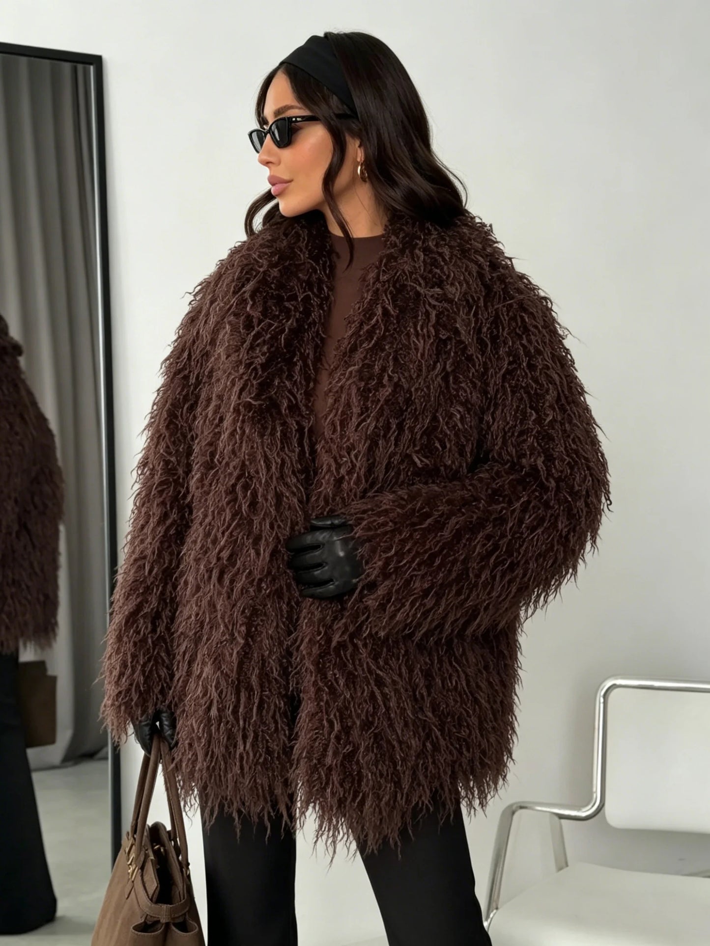 Burgundy/Brown/Khaki Color  Women's Dark Brown Mongolian Lamb Artificial Fur Coat Oversized Shaggy Curly Single Breasted Mid Length Plain Dyed Eco-Friendly Ladies Winter Apparel Supplies