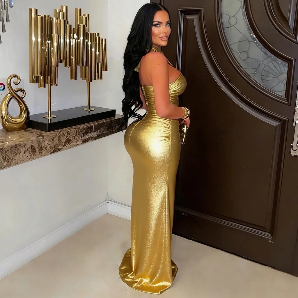 Back/Golden Color S-2XL Women Sexy Hot Lace Up Backless Halter Dress Bodycon Waist Cutout High Slit Floor Length Bronzing Solid Color Ladies Evening Party Maxi Gowns