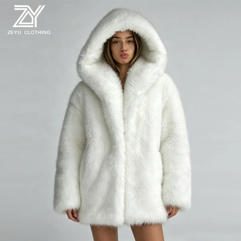 S-4XL Plus Size 5 Colors  Pure White Faux Fox Fur Coat Women Regular Oversized Big Hood Fluffy Plush Thick Warm Eco-Friendly Breathable Winter Outerwear Jackets Women Winter Apparel Supplies