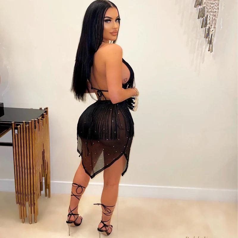 NEW Arrivals S-5XL Plus Size Hot Selling 2026 Women Summer Suspenders Tight Tassel Hot Diamond Sexy Dress