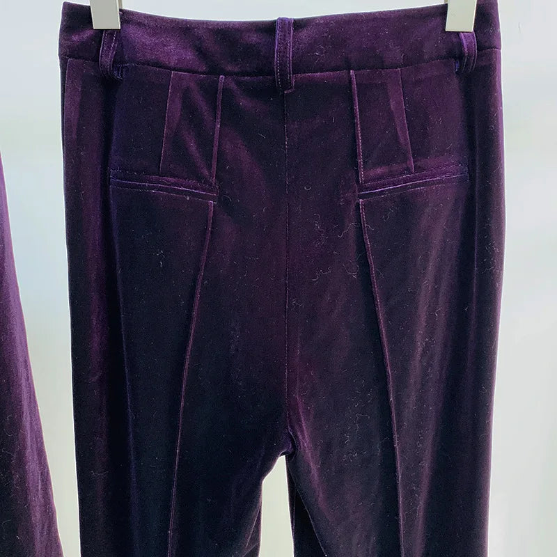 Velvet Blazer Pants Women Set Purple Brown Autumn Winter New One Button Jacket + Flare Pants Two Piece Office Female Suit