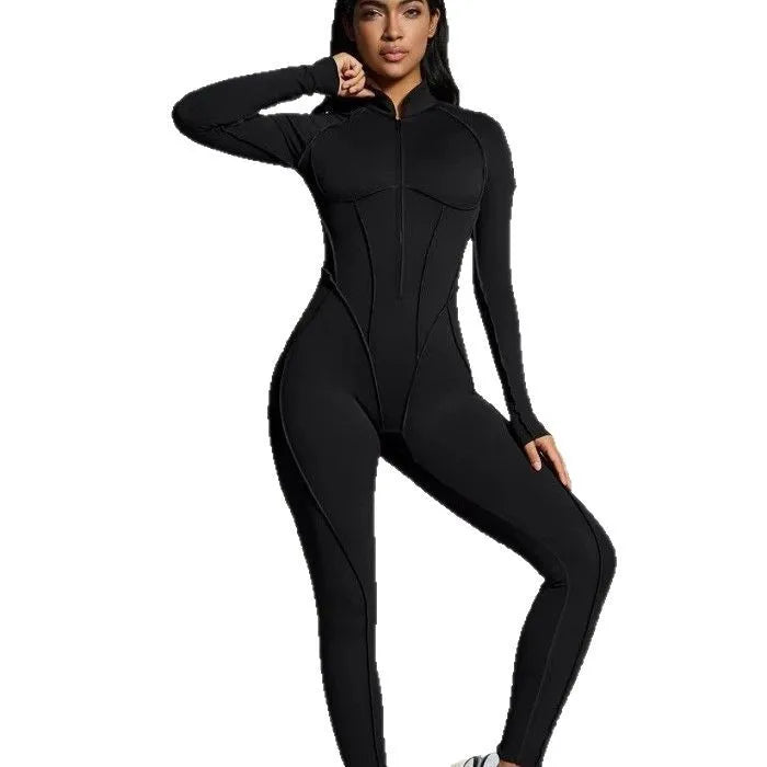 10 Colors S-XL NEW Arrivals Custom Zippered Front Women Long Sleeve Yoga Jumpsuit One Piece Workout Quick Dry Bodysuit Slim-Fit Bodysuit Backless Sports Rompers