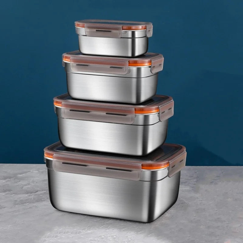 4 PCS Set 550/1100/190/3500ml  Stainless Steel Food Storage Box With Transparent Lid Multipurpose Food Container Crisper Box for Fruit/Vegetable/Meat Storage Home Restaurants Cookware Supplies
