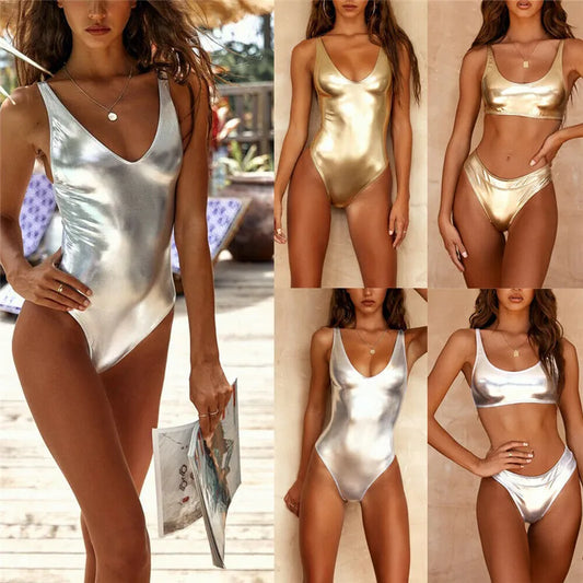 Sexy Shiny Women Swimsuits Gold Silver Metallic Leather Scoop Neck Bathing Suit Bikini Set Summer Swimwear For Women Beachwear