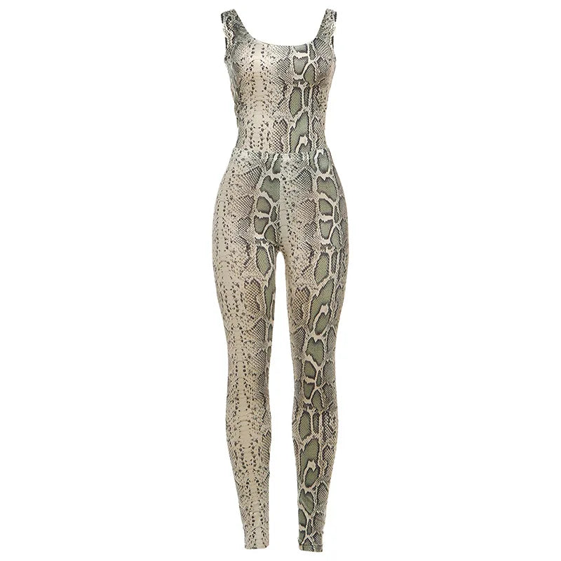 2 PCS Set Spring Summer Sexy Women's Snakeskin Backless Bodysuit and High Waist Ankle-Length Pants + Tops  Animal Print Loose Fit Night Clubwear Evening Beach Party Women Sexy Apparel Supplies