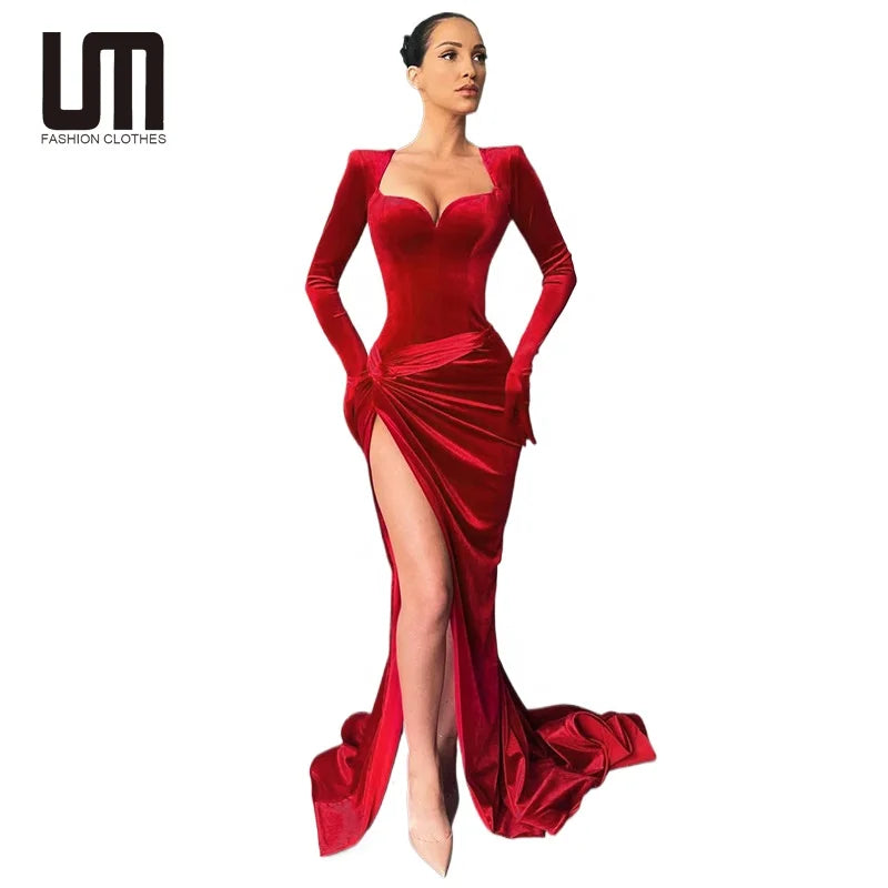 Boutique Gala HOT SALE Black/Blue/Pink/Green/ Red Color Luxury Velvet Evening Party Women Celebrities Red Carpet Wedding Guest Sexy V-Neck Long Sleeve Sweep Train Velvet Gown, Business Dinner Prom Ladies Luxury Apparel Suppli