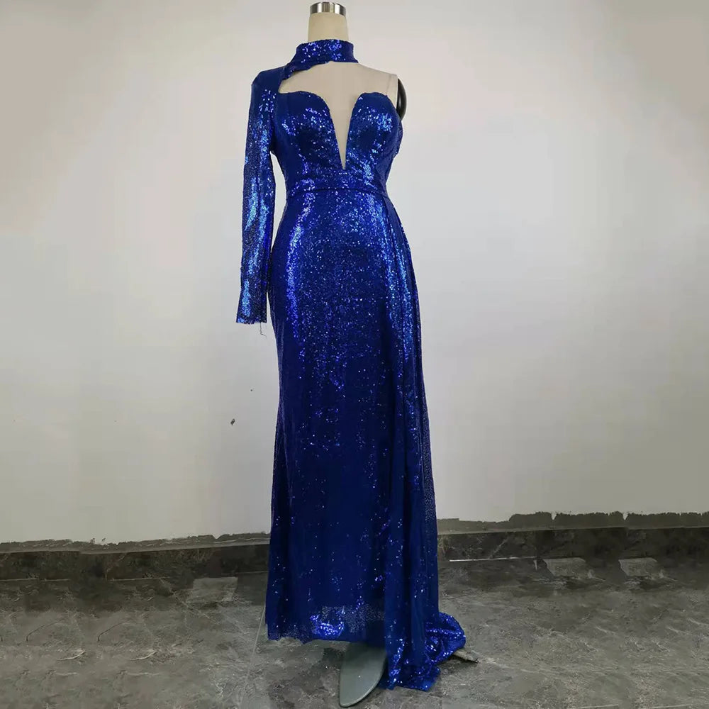 Mother of Bride Royal Blue/Red Color S-3XL Plus Sie Curvy Women's Long Sleeve Elegant Wedding Evening Party Ball Gown Autumn Winter Collection Empire Waistline Floor-Length Bodycon Dress Celebrities Red Carpet Ladies Luxury A