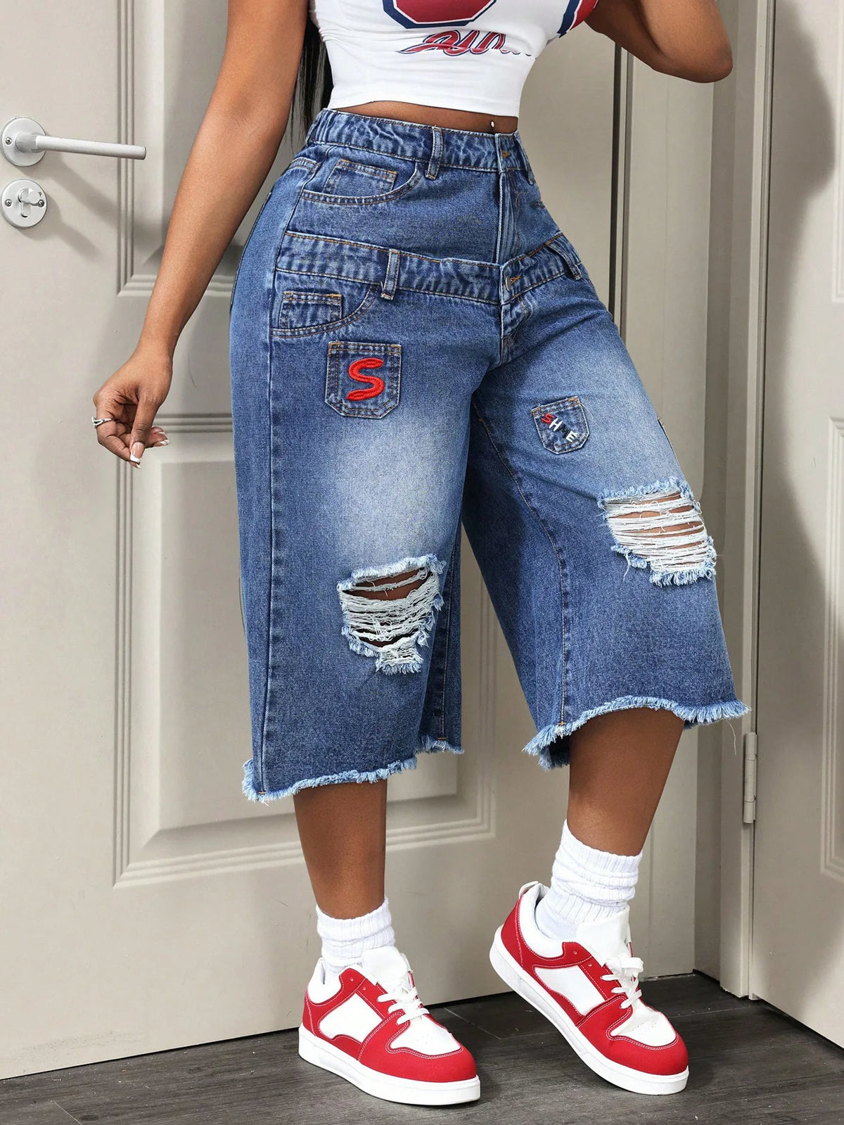 NEW Arrivals All Seasons Baggy Blue Jeans Vintage Washed  Embroidered & Ripped Denim Women's Cropped Wide-Leg Jeans Streetwear Y2K Clothes Female Casual Clothing Supplies