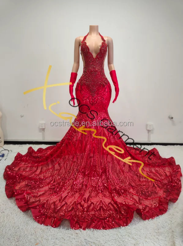 Boutique Gala HOT SALE 15 Colors High Quality Sexy See Through Shiny Sequined Women Evening Prom Dresses Elegant Halter V Neck Sexy Transparent Red Mermaid Ball Gown With Gloves Red Carpet Opera Concerts Celebrities Ladies Lu