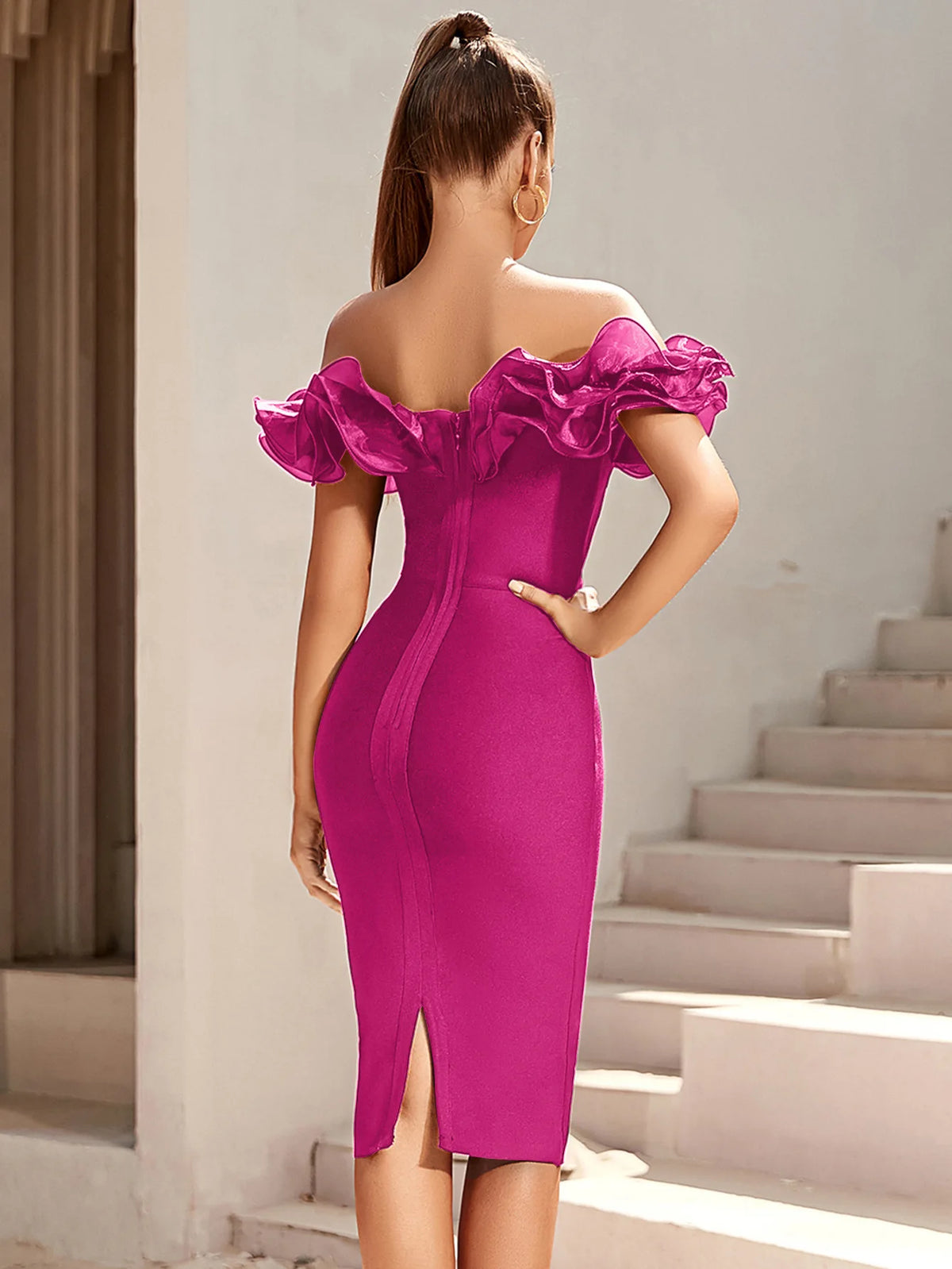 Boutique HOT SALE Women's Summer Sexy Bodycon for Bandage Dress Off-Shoulder Stretchy Ruffles Knee-Length Wedding Evening  Party Clubwear Prom Ball Gown Ladies Luxury Apparel Supplies