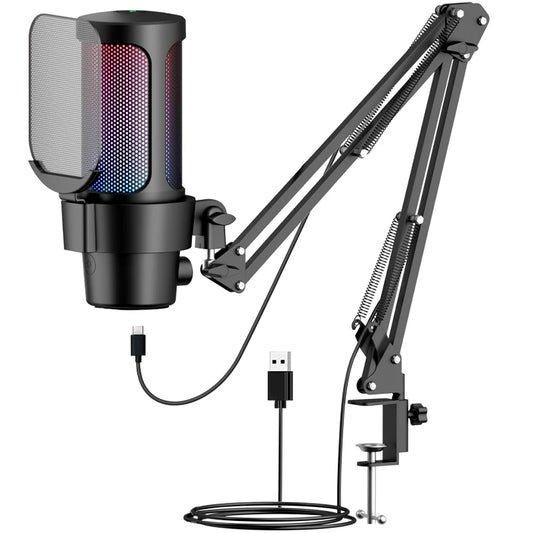 Professional USB/Type-C Metal Condenser Microphone Adjustable Boom Arm RGB Lighting One-Touch Mute Gain Control for Live  Streaming Podcast