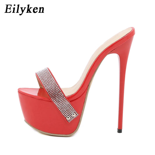 Fashion Crystal Rhinestone Platform Slippers Women Summer Open Toe Stiletto Heels Night Club Sandals Ladies Sliders Shoe