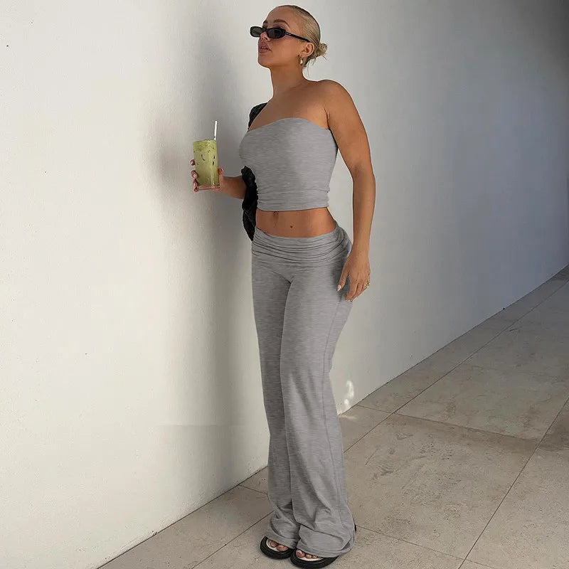 2 PCS Set 5 Colors  Crop Tube Tank Top and Flare Pants Sets Women's Spring Summer Clothing Sweat Suit Set Streetwear Outfit Ladies Casual Clothing Supplies