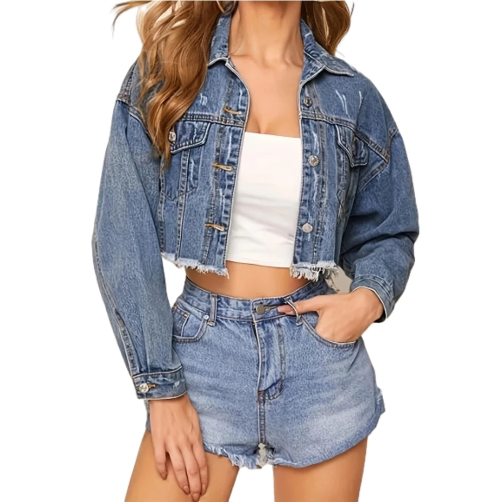 NEW Arrivals Autumn Spring Streetwear Fashion Button Denim Solid Women's Mini Coat  Blue Jeans Short Jackets Women Casual Clothing Accessories