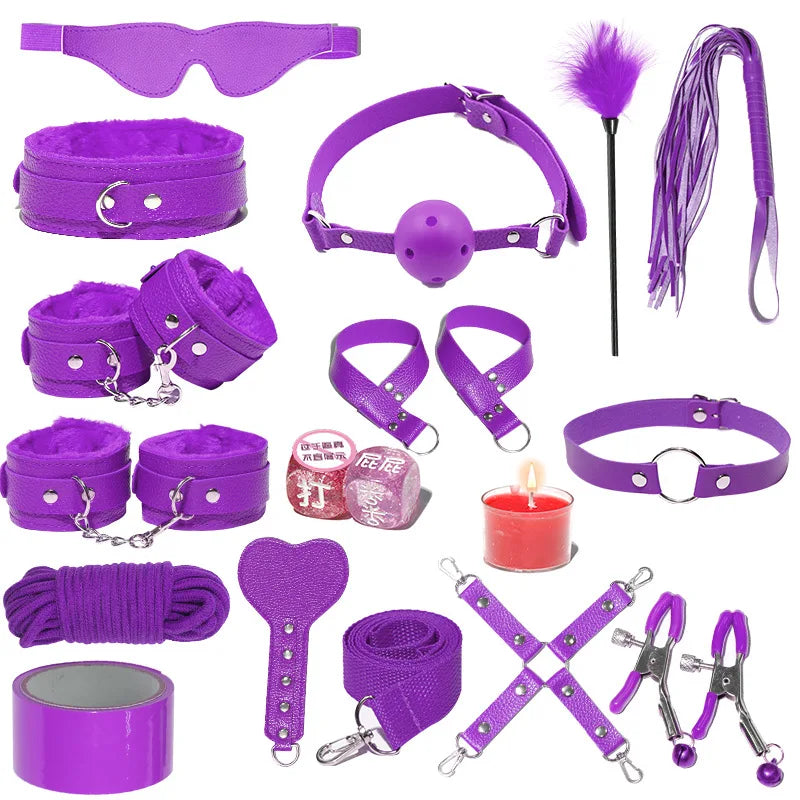 18 PCS Set 4 Colors BDSM  Fetish Sex Party Binding Handcuffs Leather Whip Anal Plug Adult Couples Intercourse Sex Toys Sex Play Tools Set