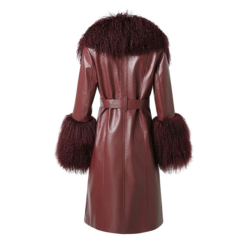 Boutique Gala HOT SALE (Few Units Left)  Real Leather Fur Jacket Black/Gray/Brown/Wine Red Color S-2XL Women Genuine Leather Trench Coat with Detachable Mongolian Natural Raccoon Fur Collar Cuffs Winter Outfits Ladies Luxury