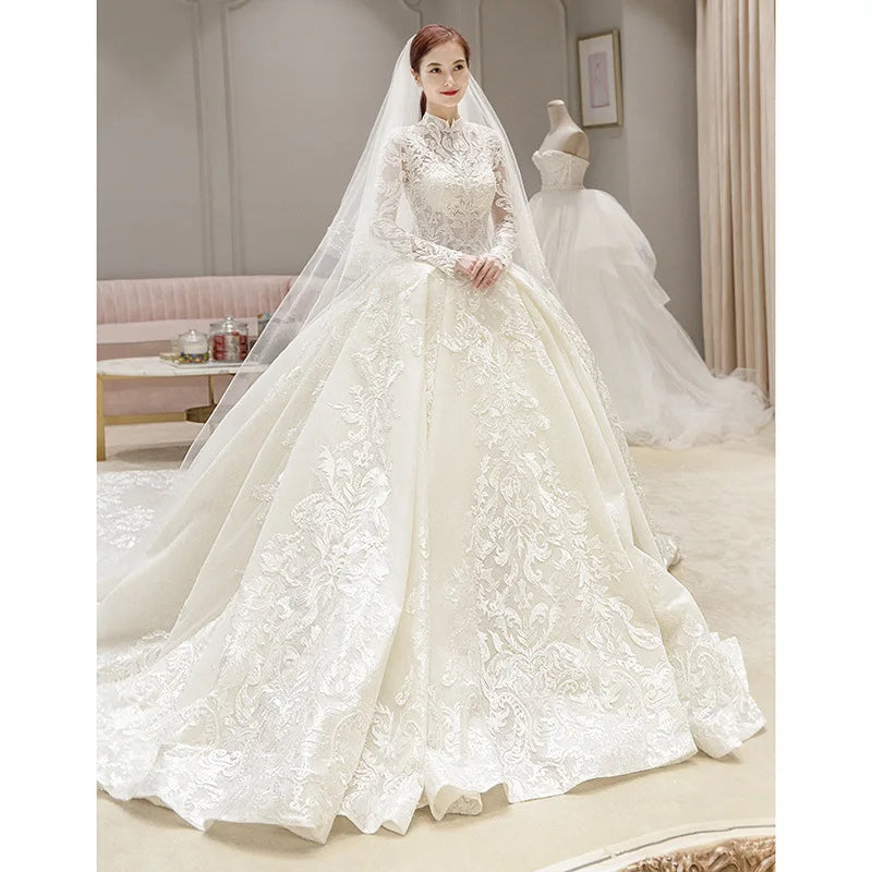 New Winter Muslim Bridal Wedding Dream Court Starry Trailing Long Sleeve French Turkish Istanbul  Islamic Luxury Beaded Wedding Dress in Dubai Ladies Religious Wedding Ceremony Luxury Modest Gown