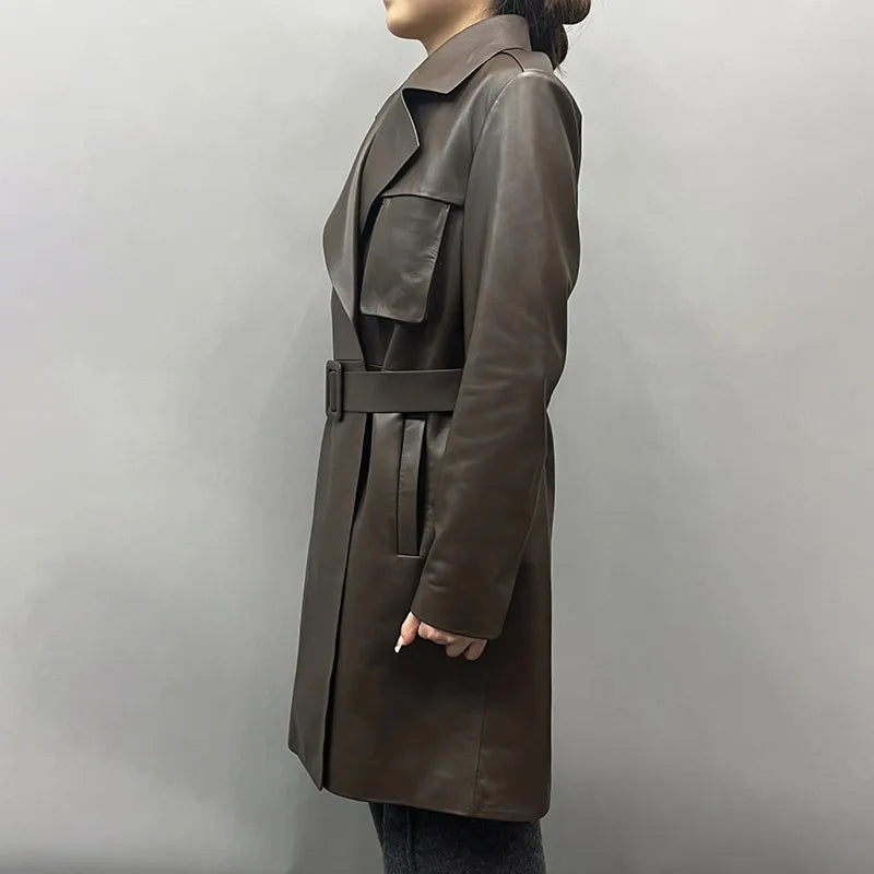 Boutique Gala HOT SALE Real Leather Coats M-3XL Black/Brown Color Women Winter Warm  Outwear Long Belt Windproof Luxury Coat Leather Formal Trench Coat Ladies Luxury Apparel Supplies