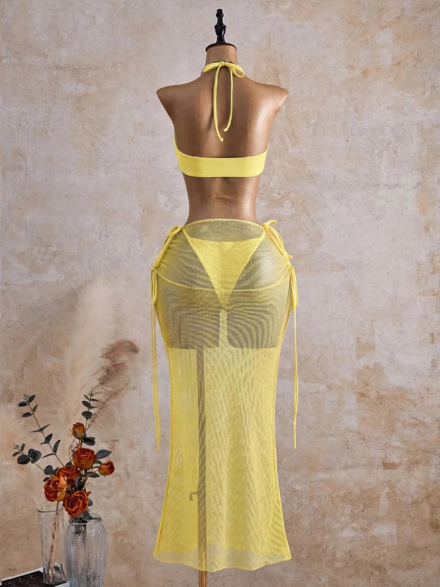 NEW Design 3 PCS Set White/Blue/Yellow Color Women's Swimwear Bandeau Top Brazilian Bikini and Skirt Cover Up Set Beachwear XS-XL Women Summer Bathing Apparel Suits Clothing Supplies