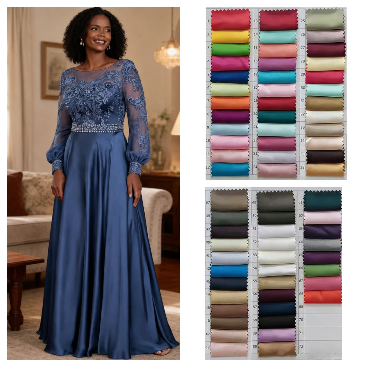 Mother of Bride Customizable Color Luxury Elegant Long Sleeve Elastic Satin Wedding Party Dresses Opera Concerts Celebrities Red Carpet Long Dress with Embroidered Lace and Beaded Waist Ladies Luxury Apparel Supplies