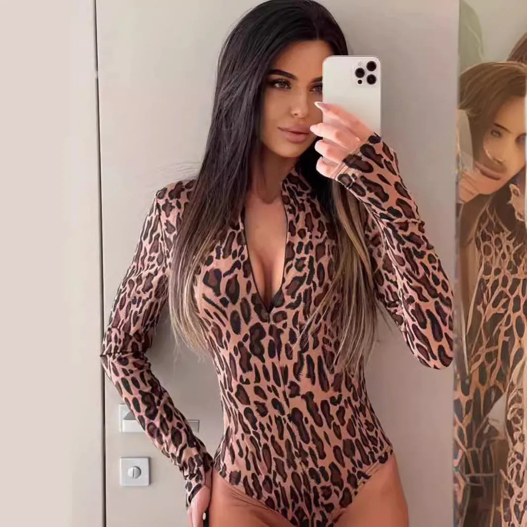 NEW Arrivals Women's Sexy Clothing Autumn Spring Stand Collar Long Sleeve Waist-Tight Leopard Jumpsuit Women's Sports Fitness Casual Women's Top Casual Streetwear Clothing Accessories