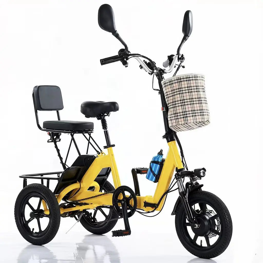 Parents and Child Blue/Yellow Color 14-inch Folding Electric Tricycle Adults Aluminum Frame Brushless Rear Hub Motor 7-Speed Gear Max Speed 25km Basket Lightweight Pedal-Assist