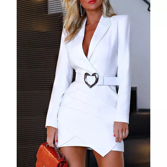 Elegant Notched Collar Padded Shoulder Ruched Blazer Dress Long Sleeve White Dress Office Workwear Blazer Vestidos