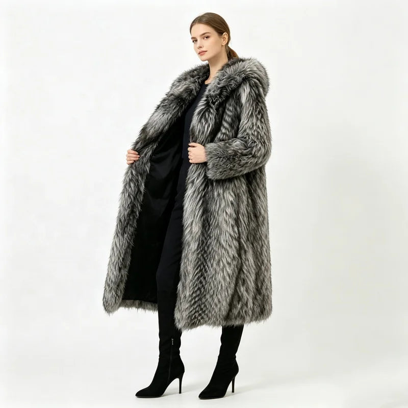 S-6XL Plus Size  Women Winter Silver Gray Hooded Faux Fur Top Quality Coats Full Length Oversized Thick Warm Fluffy Long Overcoat Snow Boots Outerwear Fur Jackets Ladies Luxury Jacket