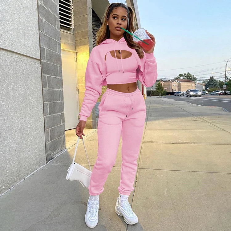 3 PCS Set 10 Colors S-2XL  Autumn Winter Fashion Women Set Custom Fleece Jogger Set Hoodie Vest Pants Tops Outdoor Hiking Tracksuit Leisure Set Streetwear Sports Clothing Supplies