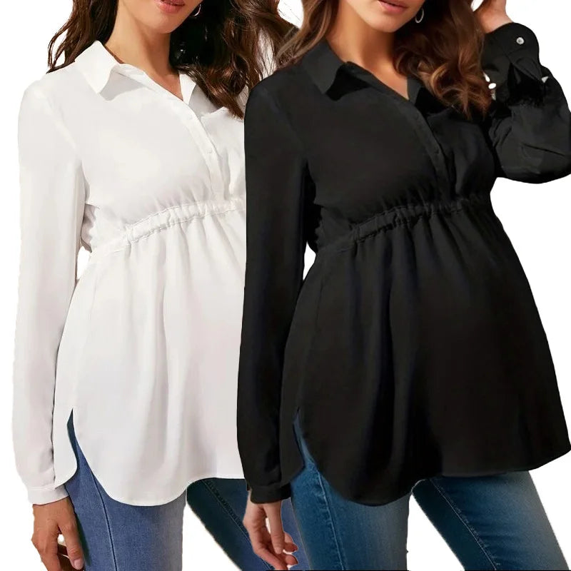 S-2XL Black/White Solid Color Pregnant Women V-Neck Long Sleeve Knitted Breathable Loose Fit Maternity Blouse Fashion Top Female Pregnancy Apparel Clothing Supplies