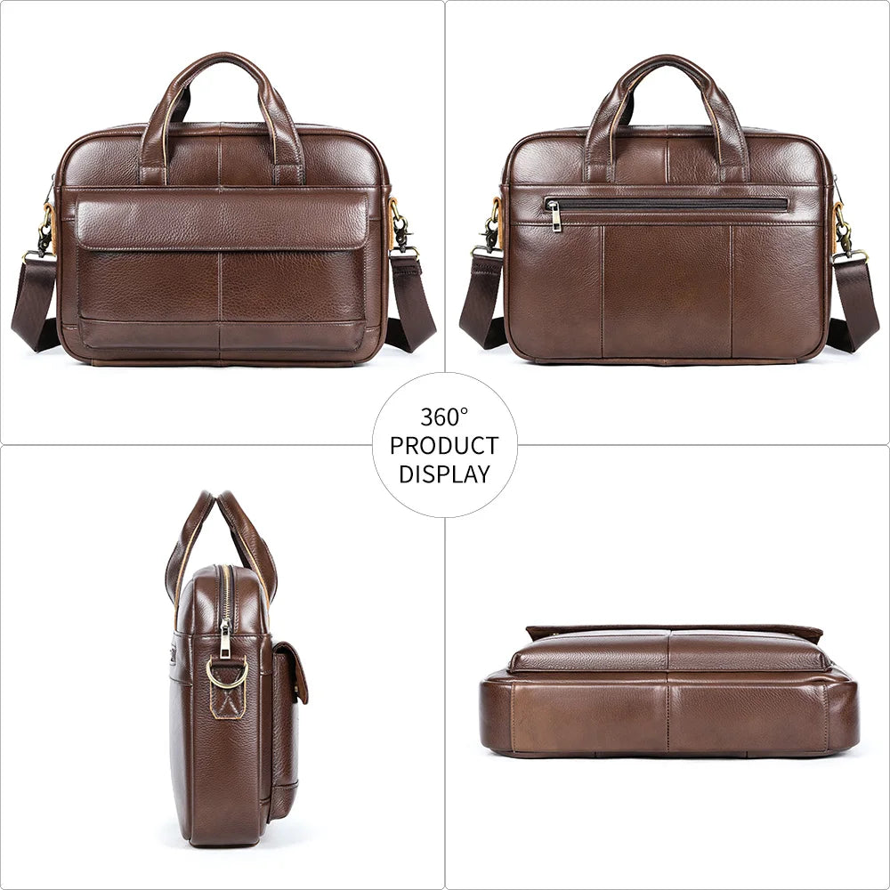 Real Leather Top Quality Vintage Waterproof Genuine Leather Business Office Briefcase Men's 14 Inch Laptop Messenger Bag