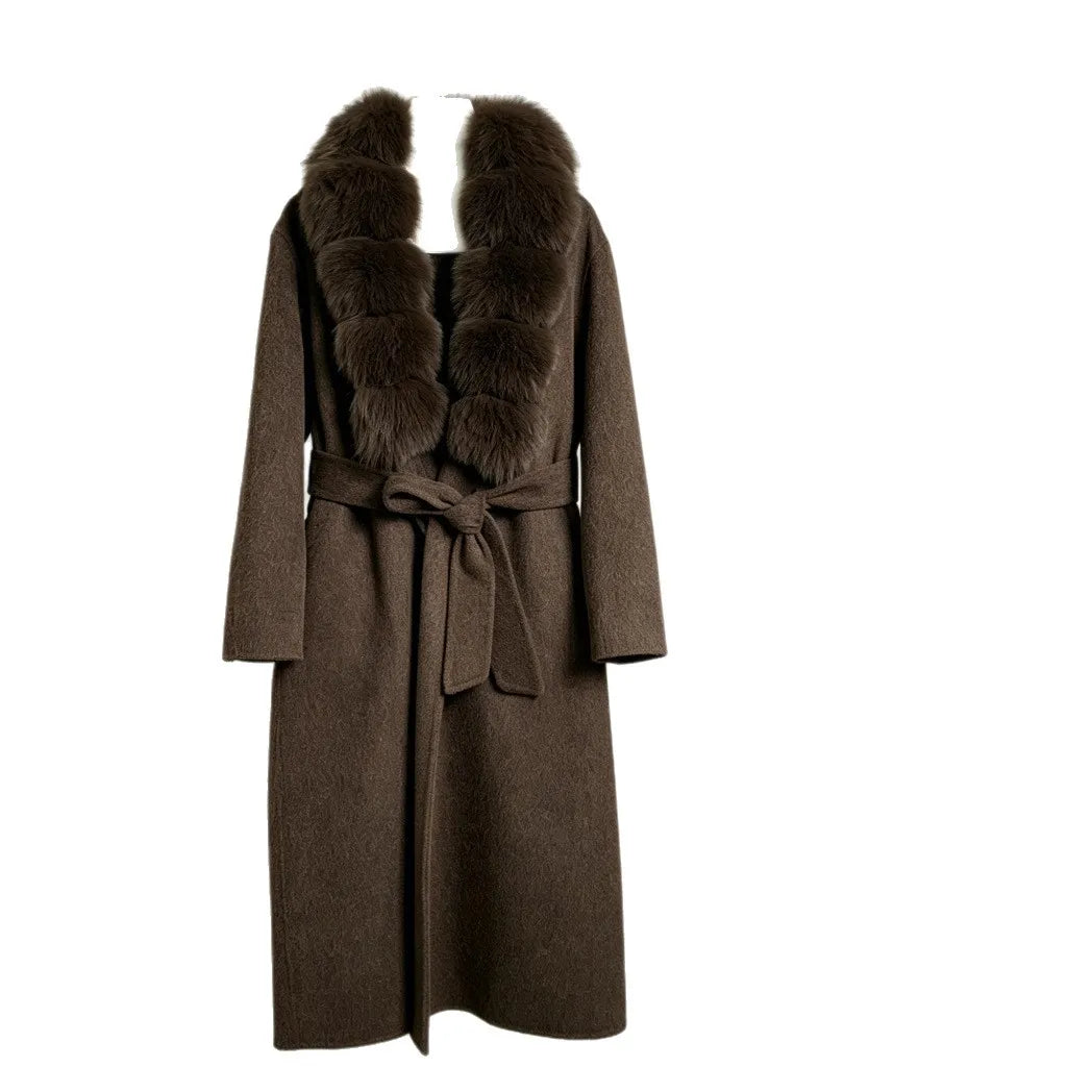 NEW  Autumn/Winter High-End Women's Luxury Thick Cashmere & Wool Material Long Coat Genuine Natural Fox-Fur Collar Extended Length Belt Lacing Slimming Effect Ladies Winter Apparel Clothing Supplies