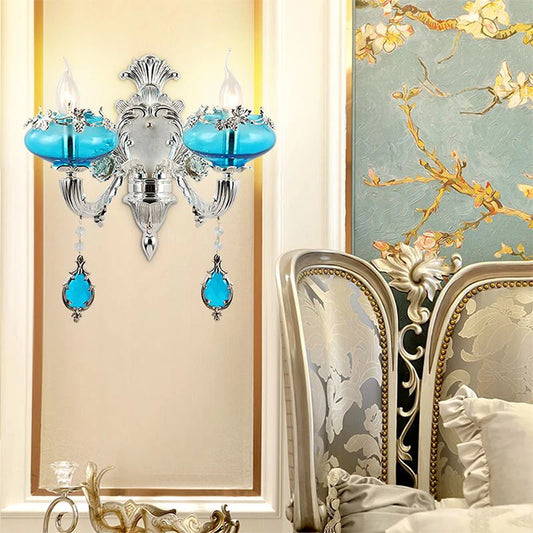 Villa Home Luxury European Blue Crystal Wall Lamp Luxury Living Room Bedroom Bedside Lamp Background Wall Corridor Villa Hotel Lighting.