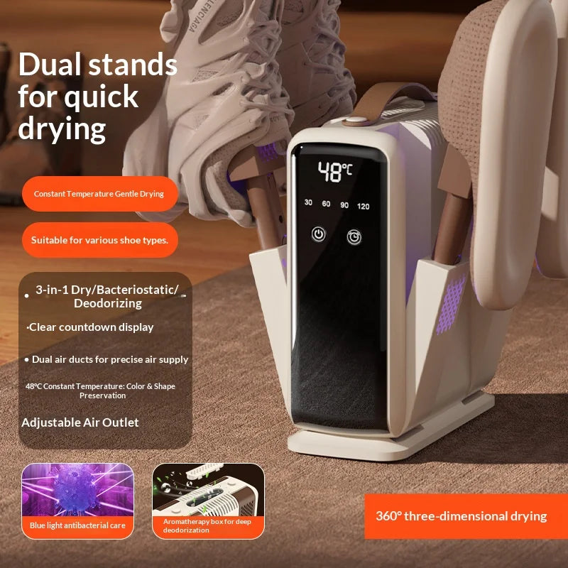 Digital Display Smart Timer Electric UK/AU/US Plug Shoe Dryer Foldable Four-Arm Fast Drying Dehumidifying Constant Temperature Shoe Dryer for Home Use Outdoor Travel Hotels Business Trip Portable Foldable Shoes Dryer