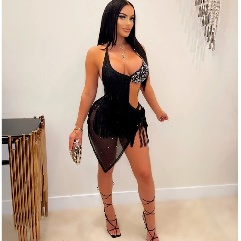 NEW Arrivals S-5XL Plus Size Hot Selling 2026 Women Summer Suspenders Tight Tassel Hot Diamond Sexy Dress