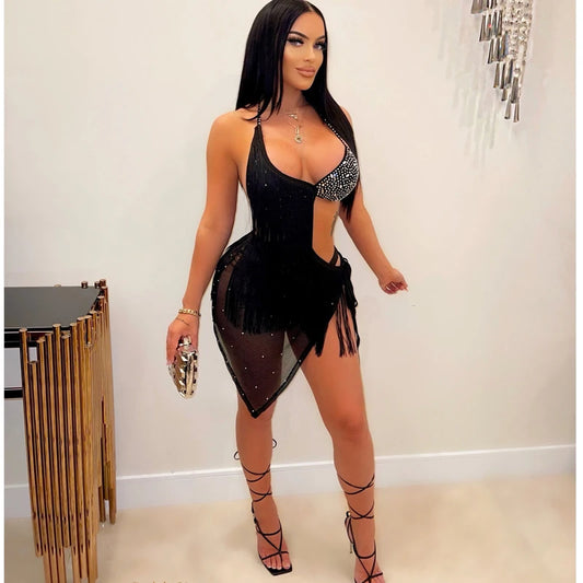 NEW Arrivals S-5XL Plus Size Hot Selling 2026 Women Summer Suspenders Tight Tassel Hot Diamond Sexy Dress