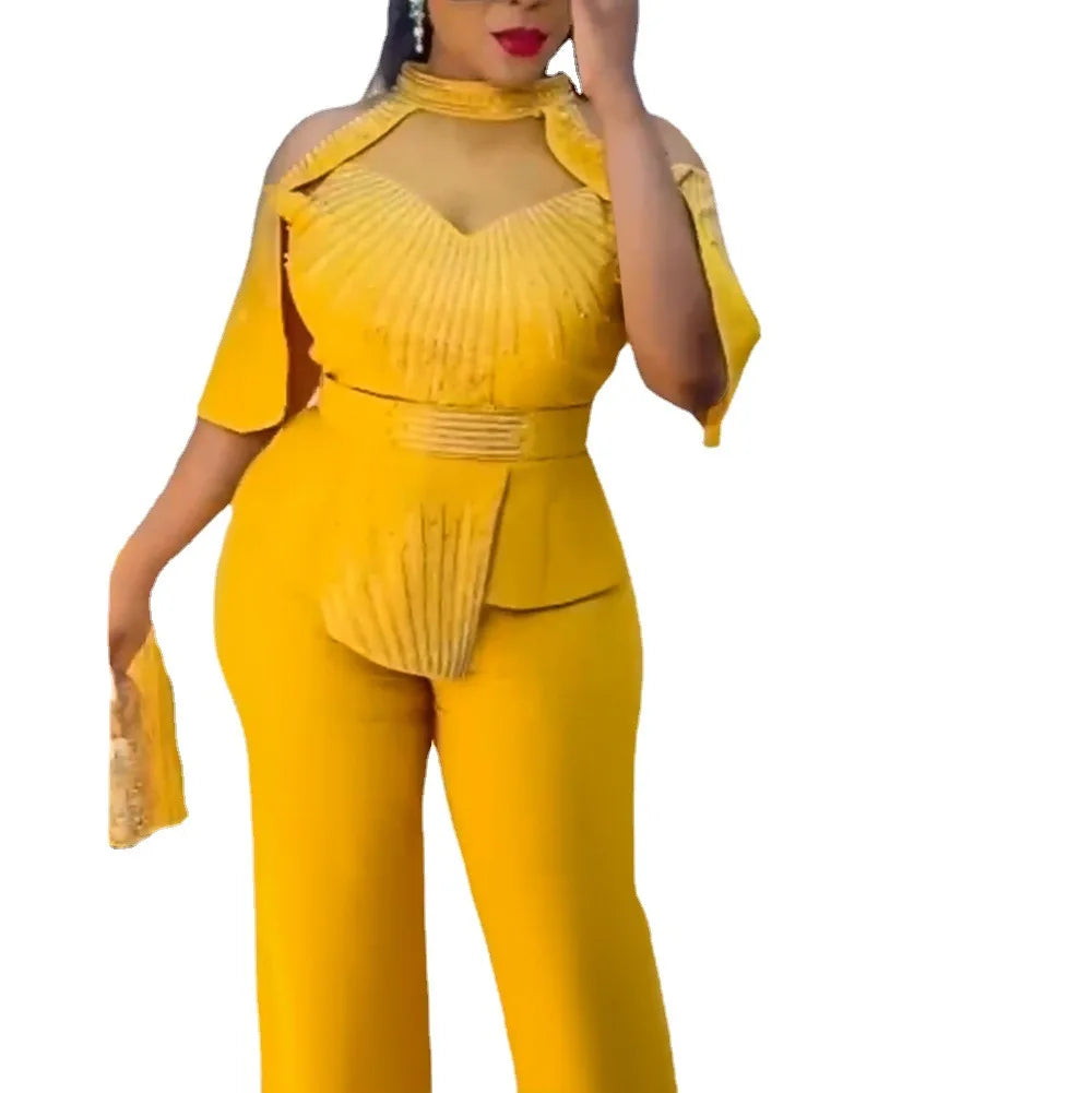 NEW Arrivals 2 Pcs Set 4 Colors African Women Tops and Pants Plus Size Fashion Casual Suit Europe America Suits Elegant Office Lady Clothing for Wedding Guest Birthday Evening Prom Party African Ladies Luxury Apparel Supplies