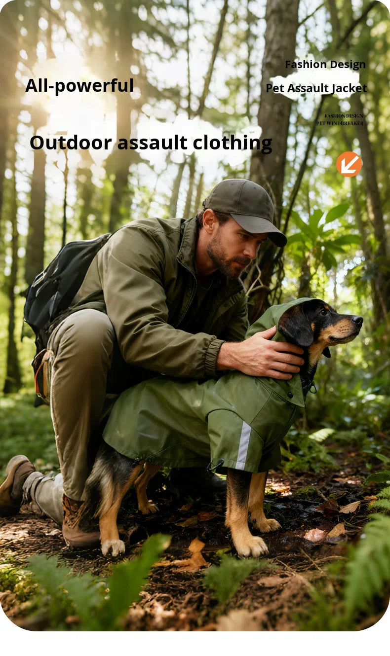 M-3XL Plus Size Green/Black Color Dog Winter Rain & Shine Jackets Dual-Use Windbreaker with Detachable Hood Reflective Strip Casual Two-Legged Coat Pet Clothes